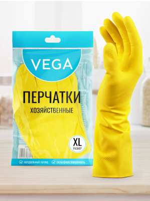 Перчатки резиновые XL желтые, х/б напыление 1 пара в уп. Vega 