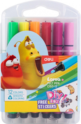 Фломастеры 12 цветов Deli "Larva" трехгранный корпус, пластиковая упаковка