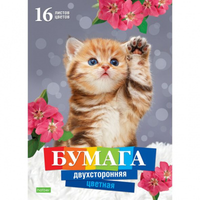 Набор цветной бумаги "Hatber Eco", 16л, 16цв, А4, 195x280мм, двухсторонняя, на скобе, серия "Котёнок