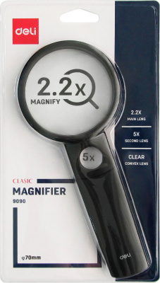 Лупа диаметр 70 мм, 2,2 кратная, дополнительная линза 5-ти кратное увеличение Deli