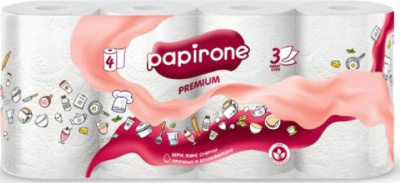 Полотенца бумажные 3х-слойные "Papirone Premium" с втулкой, без обертки 4 шт в уп