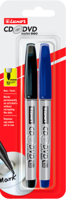 Маркер для CD/DVD, 1-2мм, набор из 2шт, черный/синий Luxor Маркер для CD/DVD, 1-2мм, набор из 2шт, черный/синий Luxor