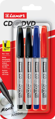 Маркер для CD/DVD, 1-2мм, набор из 4шт, черный, синий, красный, зеленый Luxor Маркер для CD/DVD, 1-2мм, набор из 4шт, черный, синий, красный, зеленый Luxor