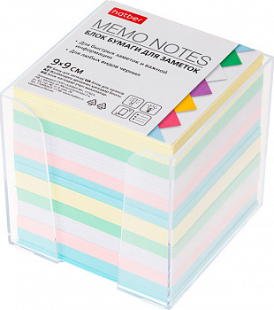 Бумага для заметок "Hatber", 9х9х9см, 5 цветов, сменный блок, непроклеенный, в пластиковом боксе